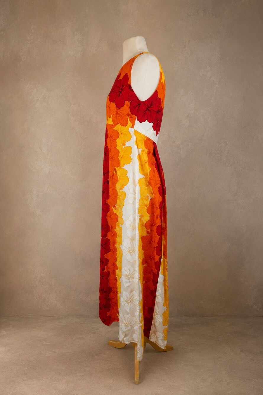 Ui-Maikai Hawaiian Maxi Dress Tropical Floral Orange Red White 100% Cotton Vinta - Picture 2 of 8